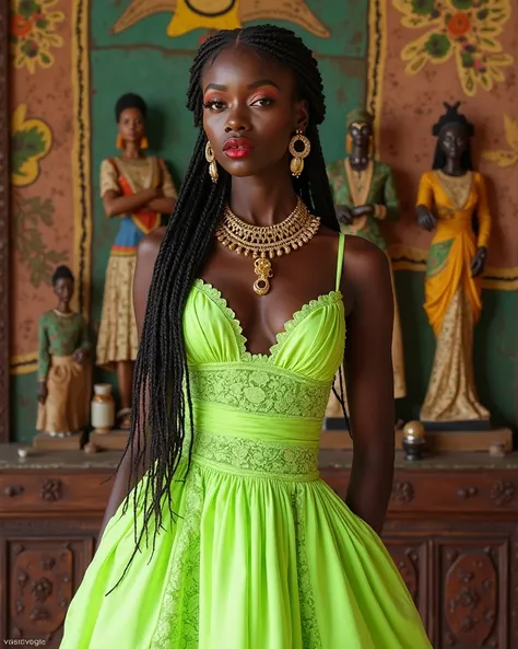  Inspired by Moschino's fashion style  , Fashion editorial , 35 mm,   very detailed epic photo from the advertising campaign  ,   where an African-American woman  , beautiful with braids adorned with long braided hair beautiful defined face,  model who wea...