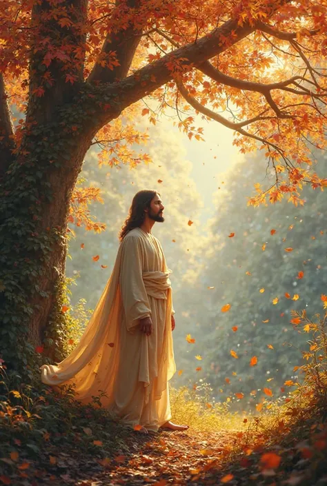 Jesus on an autumn day a leafy tree is falling