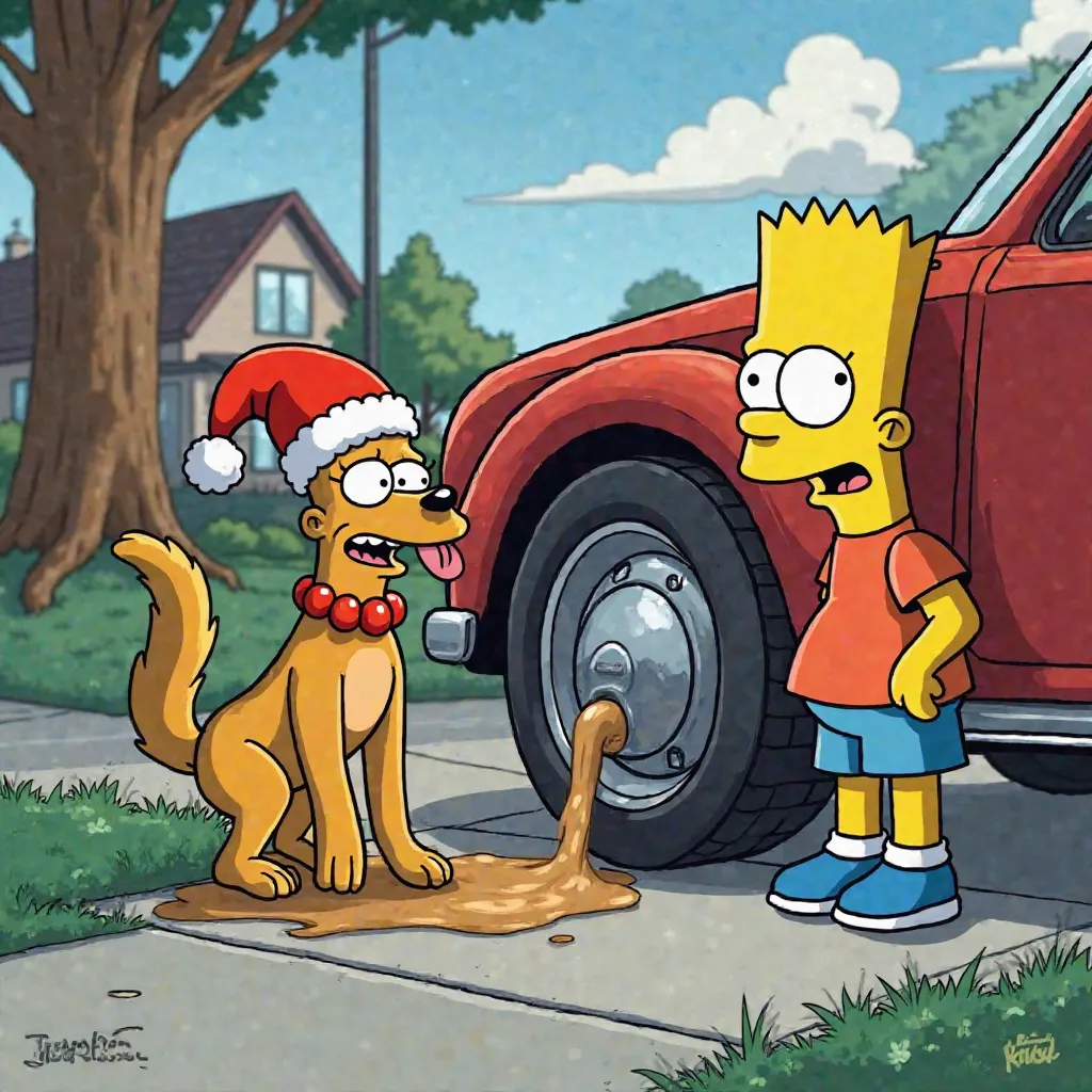 Santas the dog Bart Simpson who pees on a car wheel 