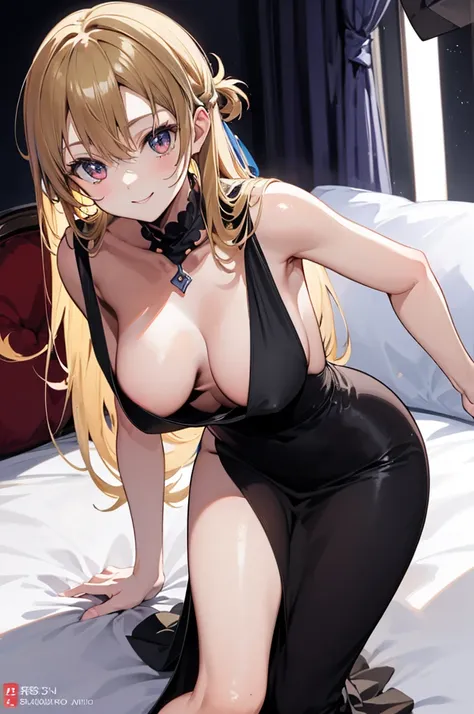  anime, comics, Sword Art Online,Asuna Yuki,Beautiful Girl,  sexy, mature,  Slim waist, Big Breasts, Glossy Hair, luxury hotel bed, Subdued indirect lighting, black silk gown, gown makes the gown look slightly loose,  exposes thighs, Sit back and relax, Al...