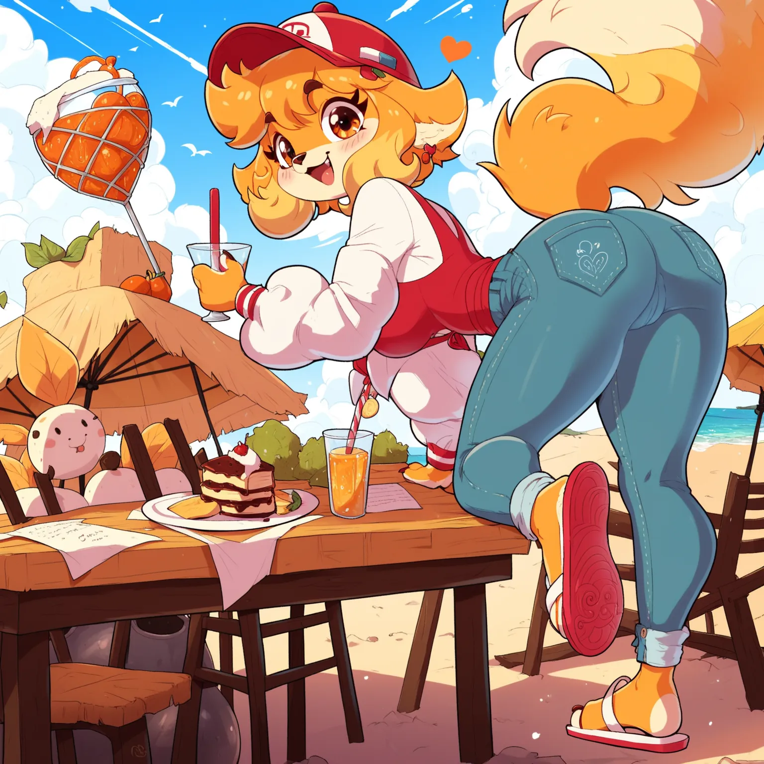 check_9, check_8_ upwards, check_7_ upwards, check_6_ upwards, check_5_ upwards, check_4_ upwards, One, 1girl,  jasmine orange , by jasminmanticore, , yellow fur, orange eyes,   waitress uniform, helmet short hair, disheveled hair, has yellow hair, uzkaia ...