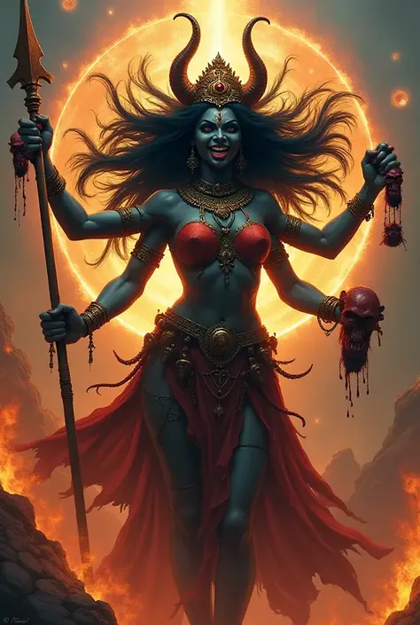 A picture of Godess Kali Mata, with a demon's head in her hands, she should be on top of a volcano with skulls flowing in the lava. add a red/blood moon in the back