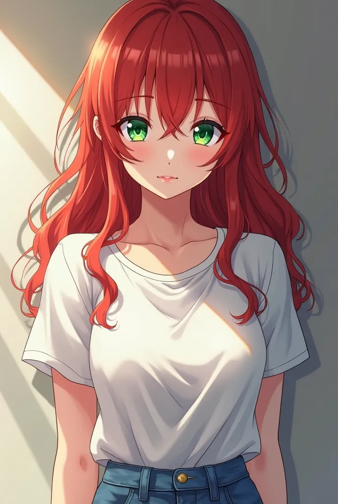 (maximum quality, better quality,  official art , beautiful and aesthetic:1.2)  anime girl , green eyes, red hair, white t-shirt, Jeans azul.