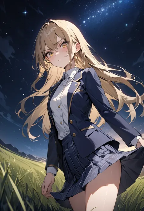 ((Greatest Masterpiece,Ultra High Quality:1.2)),(super resolution),(solo),cowboy shot,starry sky,Night Grassland,slender high school girl with small breasts,beautiful faces, long golden hair,perfect golden eyes,Glare, serious expression, high quality dark ...