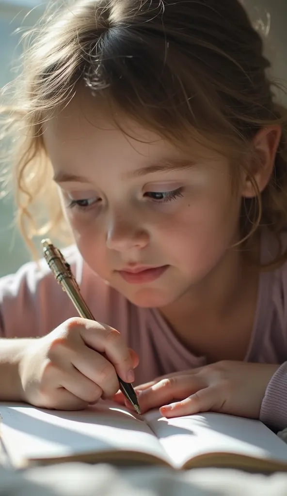 Close-up of a young person A person writing in a diary with natural light filtering through a window,
 Visual Details:
soft, diffused lighting,  pastel colors , focus on the eyes that reflect vulnerability and desire for change.