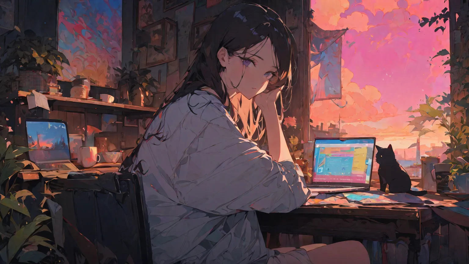 neon、1 girl、is sitting、 coffee ショップ、Sunset、dish、Mugs、 coffee、cigarette、Sleeping Cat、 cake、dishの上のデザート、Picture Frame、 table、chair、laptop、colorful、illumination、 Interior 、plant、ligne claire、lofi、watching the viewer、(((Highest quality)))、(((masterpiece)))、(((...