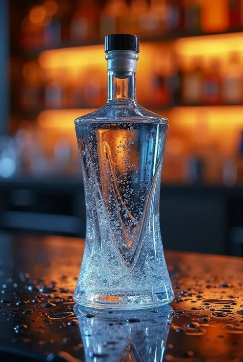 Imagine a bottle of vodka, modern elegant design, professional photograph for advertising purposes, The bottle is on a wet glass surface,  perfect details, The bottle has a futuristic shape, 8k, In the background a beautiful bar.