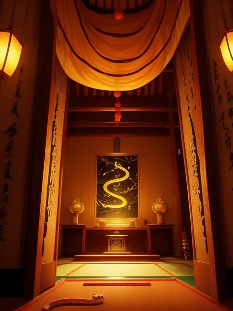 Picture of rising luck with money 、The back room of the shrine 、 the god relaxing々The god of white snakes、There is a big white snake floating、Luminous Altar、A snake with golden scales