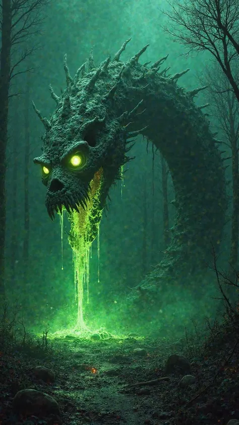 A gigantic skeletal serpent, its bones corroded and dripping with sizzling green acid, slithers through a dark, abandoned swamp. Its empty eye sockets glow with an eerie neon light, and its jaws drip with a thick, bubbling toxic sludge that melts everythin...