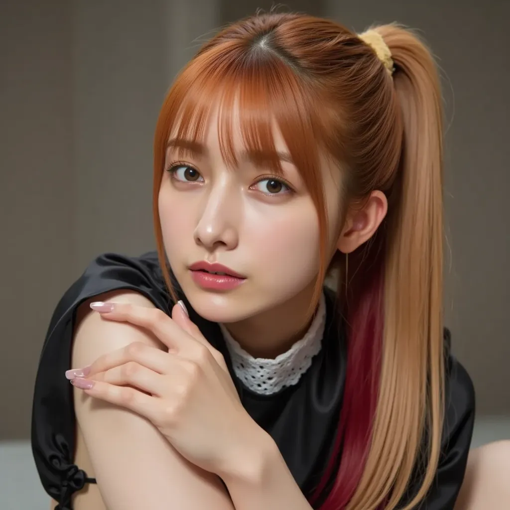 Two-tone blonde and red hair、 hairstyle is straight、super long hair、ponytail、black maid outfit