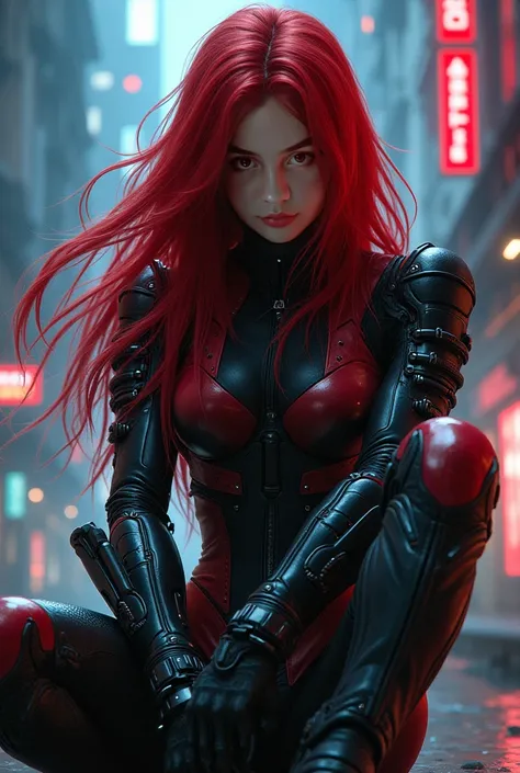 A highly stylized illustration of a powerful cyberpunk warrior sitting with an imposing and commanding presence. Her long, flowing crimson-red hair cascades over her shoulders in dramatic, painterly strokes, contrasting sharply with her ghostly pale skin. ...