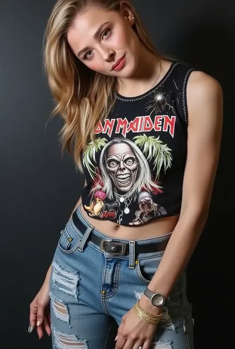 chloé who wears a iron maiden t-shirt and ripped jeans flirt