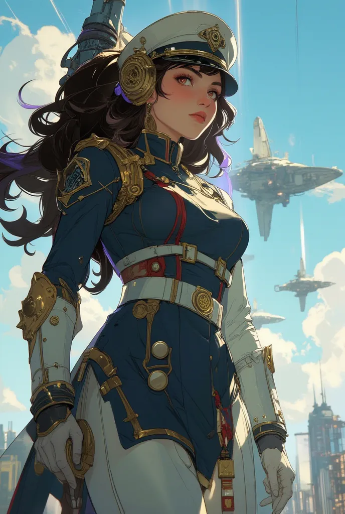 

**Create a highly detailed illustration of a powerful female commander from a space-faring empire called the Astral Imperium. She has long, flowing dark hair with purple highlighting, tanned skin, dark pink eyes, they are in ponytail, bunch, frownlook, i...