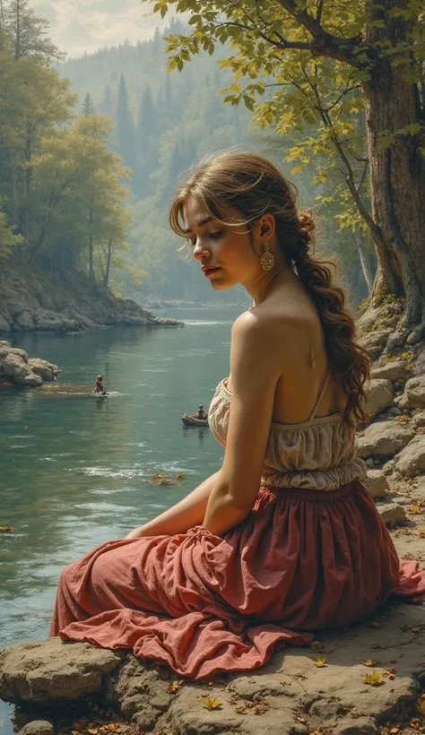 ancient painting girl laying side the river