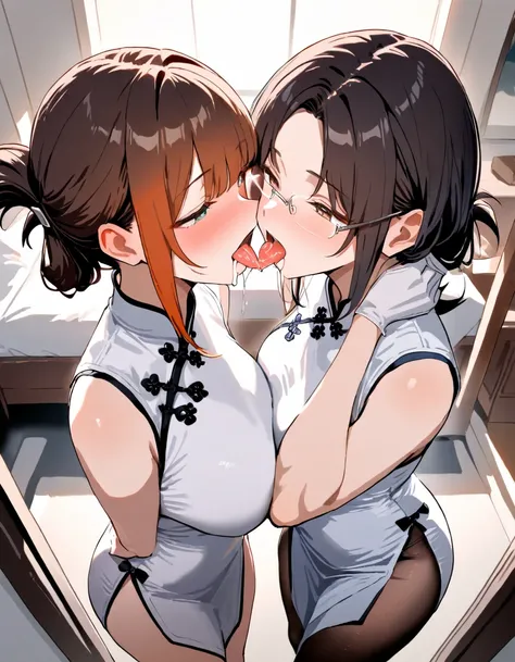 2girl1boy, original, original, explicit, 40 years old, white silk qipao, no sleeves, rimless glasses, standing, dark orange hair, parted bang hairpin, bedroom, white gloves, folded ponytail, black pantyhose, imminent kiss, (saliva:5.0), (drooling:1.3),open...