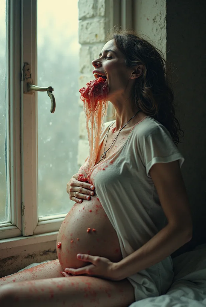 Naked pregnant woman beautifully vomit out from mouth at open window