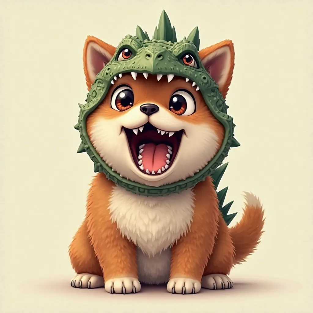 Is the brown Shiba Inu wearing a Godzilla costume、He is wearing a Godzilla headpiece on his head