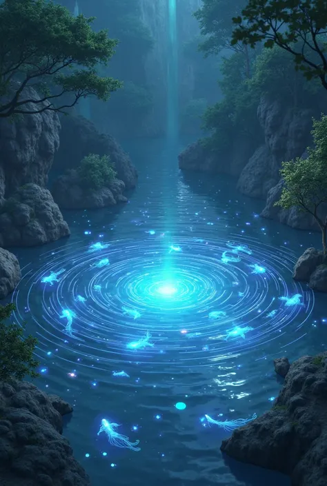 A glowing lake with light fish swimming in circles, illuminating the water .