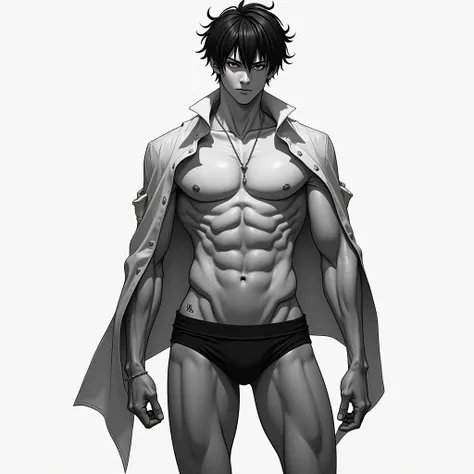 Anime style male  body, That it is unique and that it does not wear pants, only a minishort and that it looks full body from the front and that it is in black and white to color