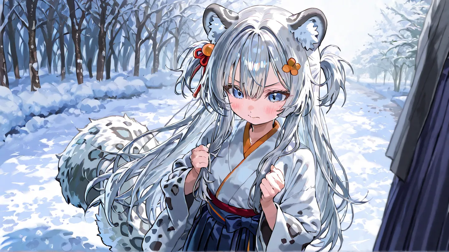 Snow Pansurfer、Fluffy on the ears、one girl、  Silver Hair、snow leopard ears、Snow leopard tail 、hair ornaments close to the garden、long hair、 half up、 Hakama、  hold a bow、Aperture F1.2, fluorescence, Abuse of color difference, 