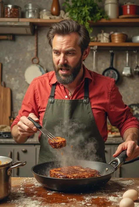 Une scène de cuisine realistic et humoristique montrant un cuisinier amateur dépassé par ses ratés culinaires. In the foreground, The cook, a steak burnt and steaming in a pan, tient une spatule dans une main et se gratte la tête avec l'autre. In front of ...