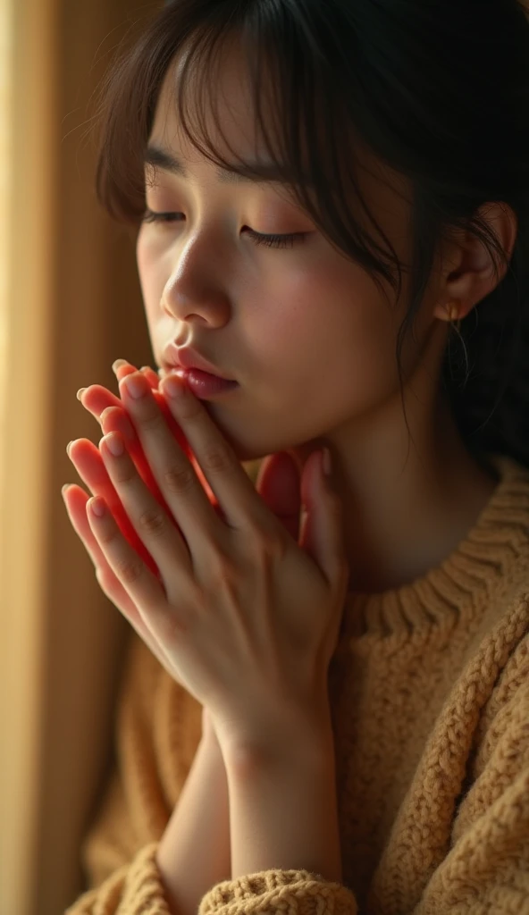  Close-up of a person  ( 20-35 years old ) Close-up of hands embracing themselves in a comforting gesture, with a faded background in warm tones (soft yellows and oranges ).