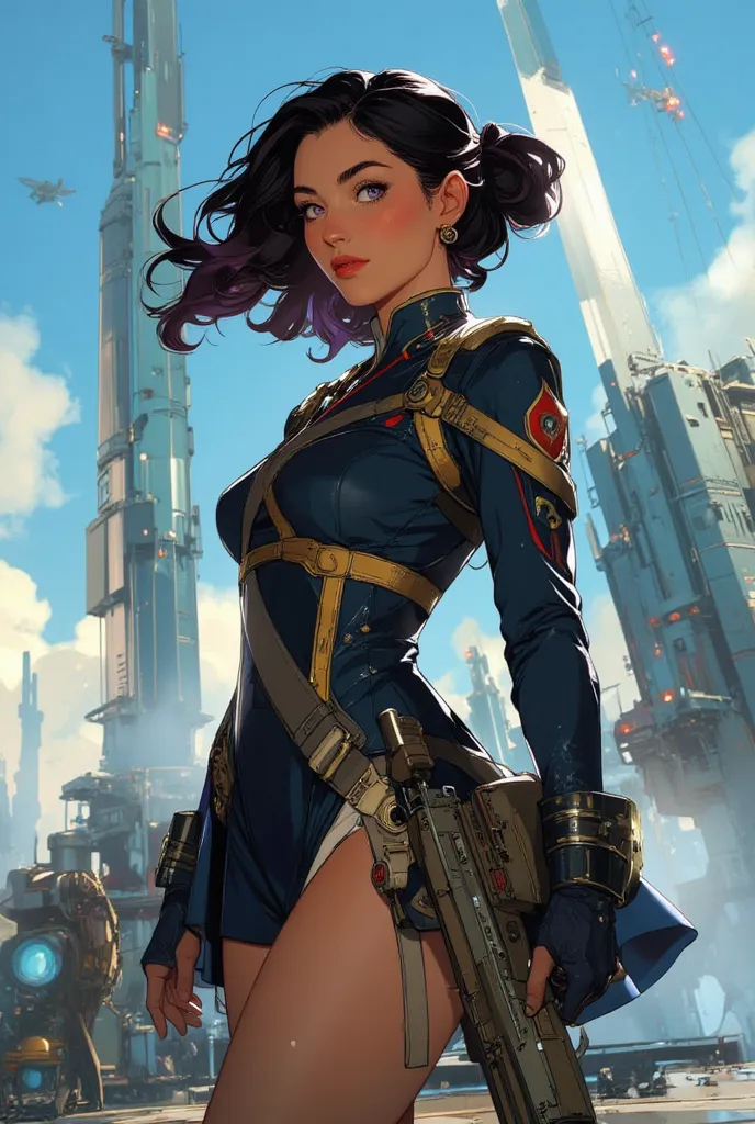 

**Create a highly detailed illustration of a powerful female commander from a space-faring empire called the Astral Imperium. She has long, flowing dark hair with purple highlighting, tanned skin, dark pink eyes, they are in ponytail, bunch, frownlook, i...