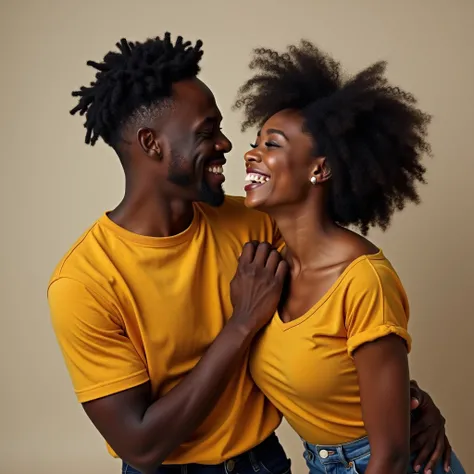 A young black couple, laughing together spontaneously in the studio, without rehearsed poses. The clothes are casual and realistic, as if they were photos taken from a true everyday moment. The focus is on capturing real emotions. ultra realistic