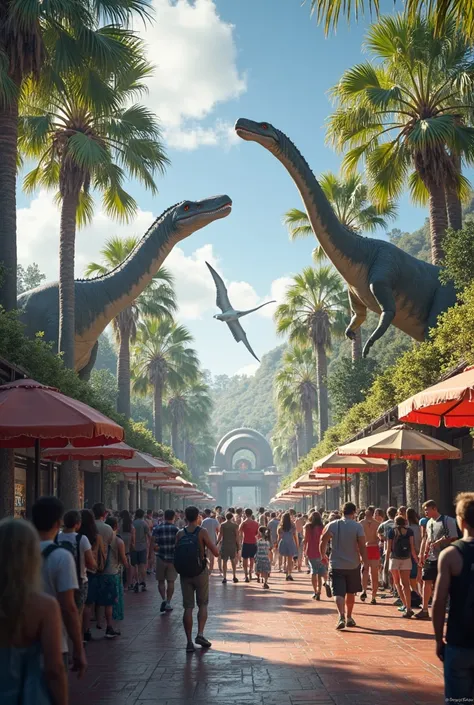 POV: You stroll down a bustling avenue inside Jurassic World, surrounded by amazed tourists. ren point to the sky as a massive Pteranodon soars overhead, letting out a piercing screech. In the center of the plaza, a Brachiosaurus moves its colossal neck to...