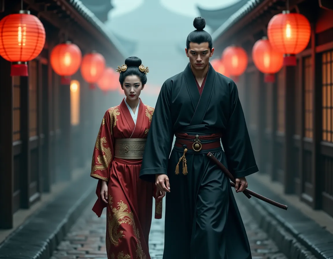 *"A Japanese Empress strides forward through a misty Kyoto alley, illuminated by the warm flicker of paper lanterns. Her silk kimono, adorned with golden embroidery of a rising dragon, moves with ethereal grace. Her black hair is styled in an intricate upd...