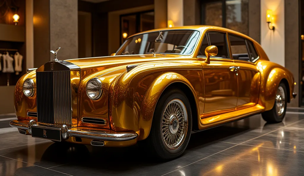 rolls royce boat tail shiny gold colour 
Left view in showroom