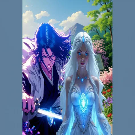 Byakuya Kuchiki has black hair and blue eyes and Elsa has blond hair,  blue eyes, team high resolution, anatomically correct, better quality, tall details, HD model,  Super detail , Ultra HD, breasts, 