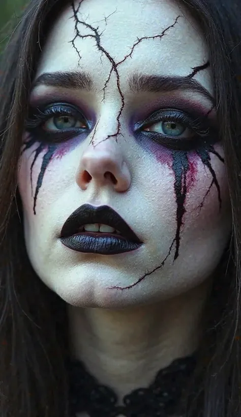 Professional photography, 4k, masterpiece of a woman's face. Makeup: Pale porcelain skin is combined with cracks and cuts that simulate a broken doll. Black eyeshadow is mixed with purple tones, circling the eyes dramatically, with tears of simulated blood...