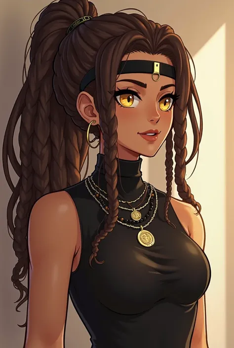 Screenshot My Hero Academi,  Brunette Girl, Full hair with long dreadlocks in dark brown and light brown, a band of black fabric on the forehead, Yellow eyes, three different necklaces, I would be,  looking to the right, wearing a sleeveless black turtlene...