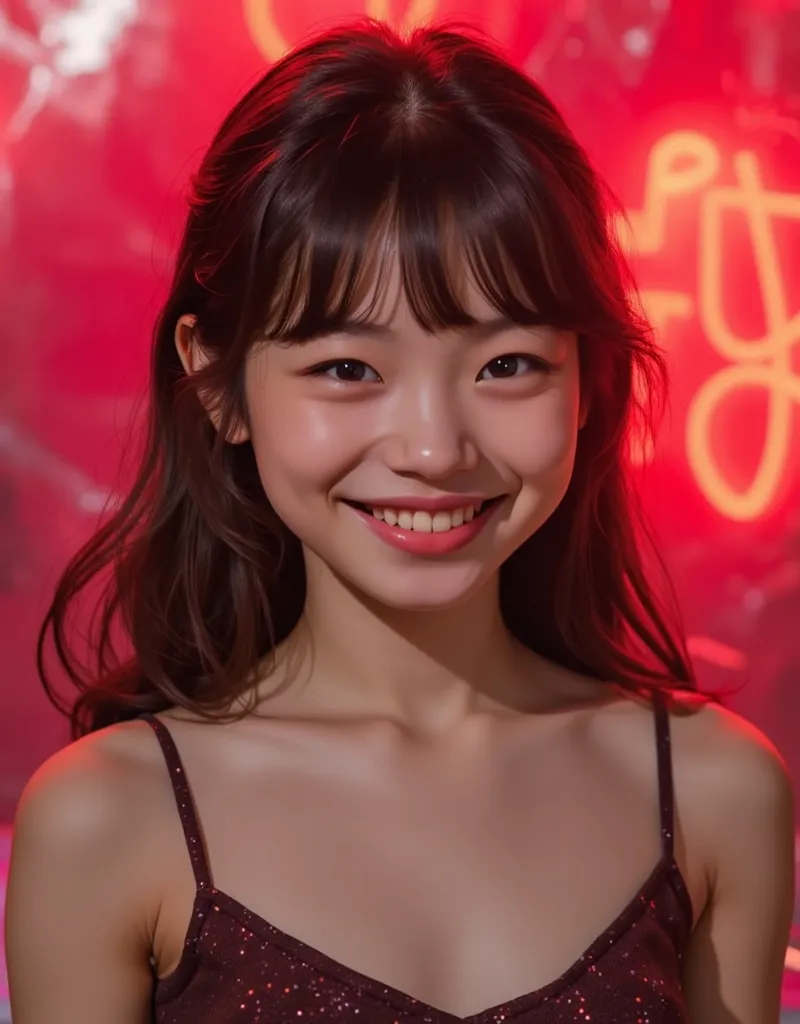 (age girl with very small breasts:1.5), (messy fringe:1.3),( smile:1.3),(long wavy hair:1.5), (hidden area with red lights:1.5), (Shiny black hair :1.2),( White-skinned girl:1.4),(pretty face:1.3),( minimal breasts :1.4) (cute nose:1.3),(beautiful skin:1.3...