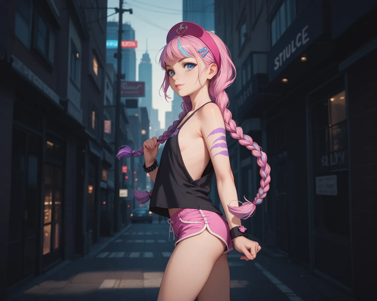 1 loli, braids behind the head,  top preto, pink shorts with purple stripes,  In an obscure city , multi-color hair color,  blue eyes