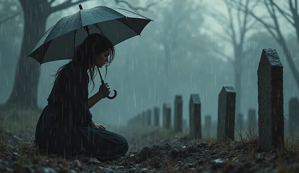 A woman kneeling by her father’s grave in the rain, her face full of sorrow, with no family members beside her—only a single umbrella.