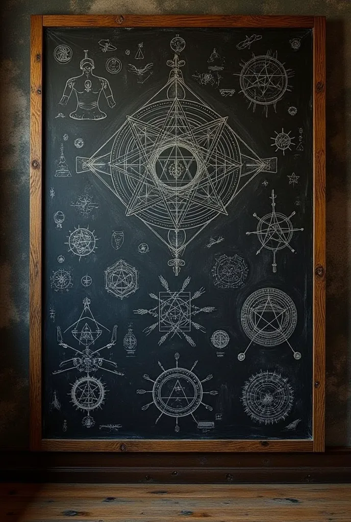 A blackboard Kabbalah doodles, And signs written in chalk