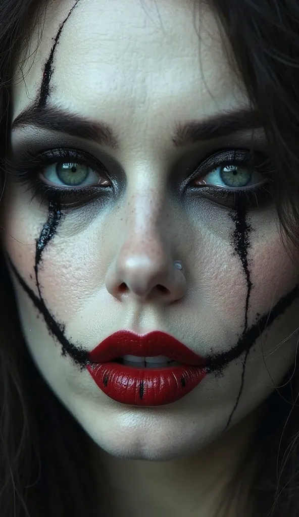 Professional photography, 4k, masterpiece of a woman's face. Makeup: • A pale, almost ghostly base makeup, with dark eyes elongated towards the temples, surrounded by black and dark red shadows. Two black tears on each cheek in a spiral, extending downward...