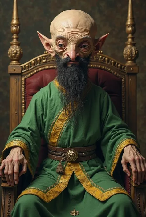 A humanoid being with a very elongated skull, 90 cm upwards, without a beard, with a black moustache sitting on a throne, wears a green tunic with yellow on the edges of the tunic in a realistic version.