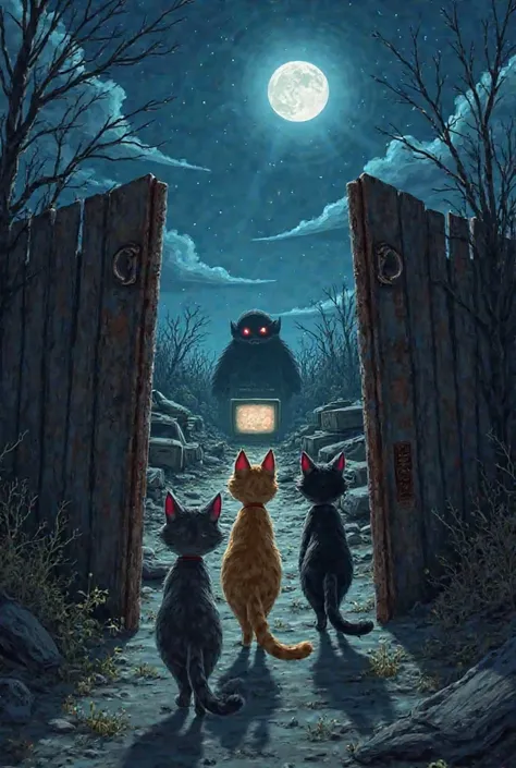 Opening Scene – Moonlit Junkyard
Three cats (Captain Whisker, Luna, Professor Paws) sneak through a rusted gate into a junkyard under a starry sky. A shadowy figure with red eyes watches from a broken TV in the background.  