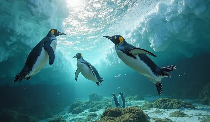 "Creates a hyper-realistic image of penguins swimming under the ice at the Arctic Pole. The penguins should be seen in their natural habitat, with precise details in their feathers, eyes and movements. The water should be crystal clear, displaying cold blu...