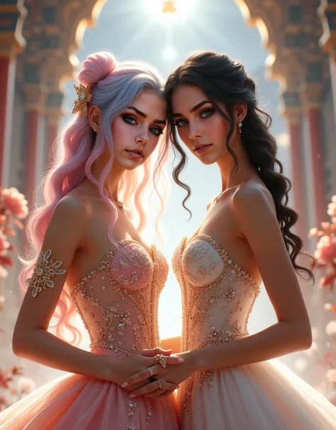 :

"Two radiant brides stand together in a majestic imperial wedding ceremony. One bride has striking pink and blue hair cascading in elegant waves, while the other has lustrous black hair styled regally. Both wear breathtaking wedding dresses that seem to...