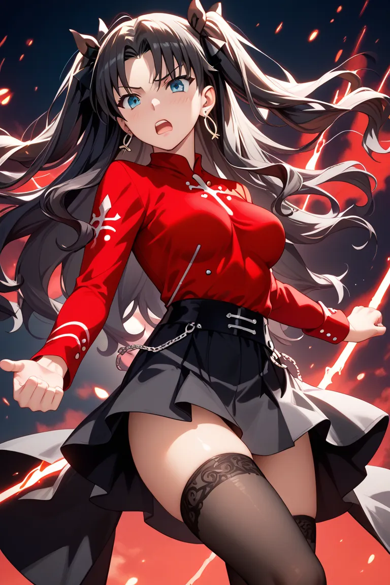 1 woman、 black hair、 red clothes、black skirt、black stockings、two side up、Black hair ornament、Tohsaka Rin、anime style、defeat