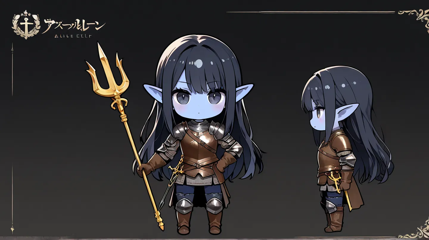 a female 30 year old sea elf with blue skin with long black hair wearing a brown medieval leather armor holding a golden trident, chibi style , black background,  high detail, high quality, best quality, masterpiece, 8k