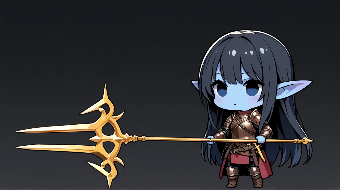 a female 30 year old sea elf with blue skin with long black hair wearing a brown medieval leather armor holding a golden trident, chibi style , black background,  high detail, high quality, best quality, masterpiece, 8k