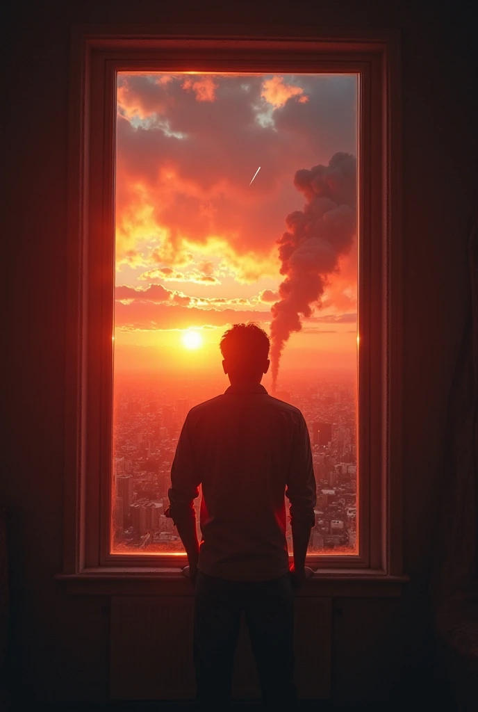 "Cinematic POV. The man approaches the window with a gasping breath. The sunlight is wrong—a red-orange glow covers everything. The sky is covered with dark, dense clouds,  cut by intense rays . Small meteors cross the horizon. Smoke rises from distant pla...