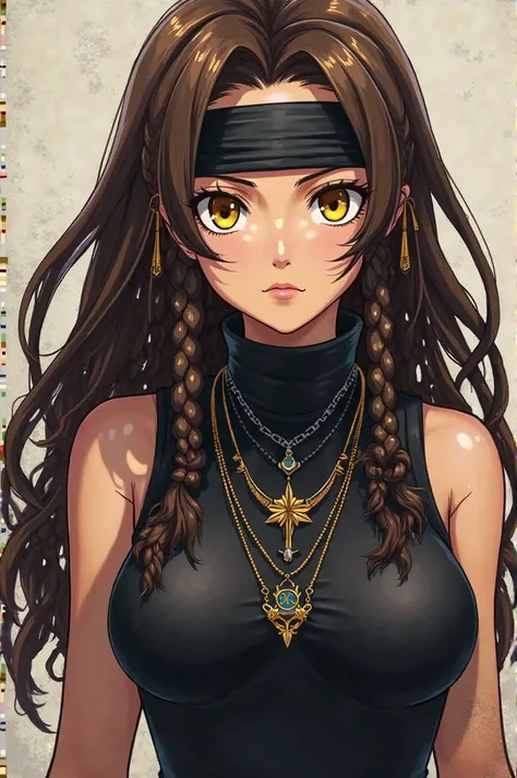 Screenshot My Hero Academi,  Brunette Girl, hair full of long dark brown and light brown dreadlocks, a black cloth band on the forehead, Yellow eyes, three different necklaces, I would be,  Serious Look T-Shirt, wearing a sleeveless black turtleneck t-shir...