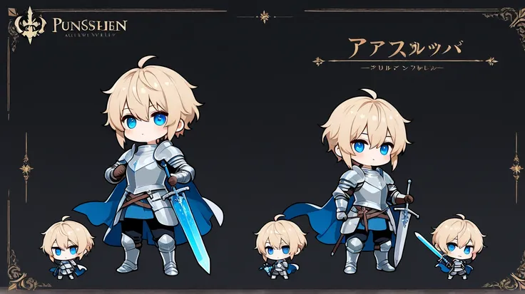 a 30 year old young male paladin with short blond hair and blue eyes wearing a silver medieval armor holding a large glowing blue greatsword, chibi style , black background,  high detail, high quality, best quality, masterpiece, 8k