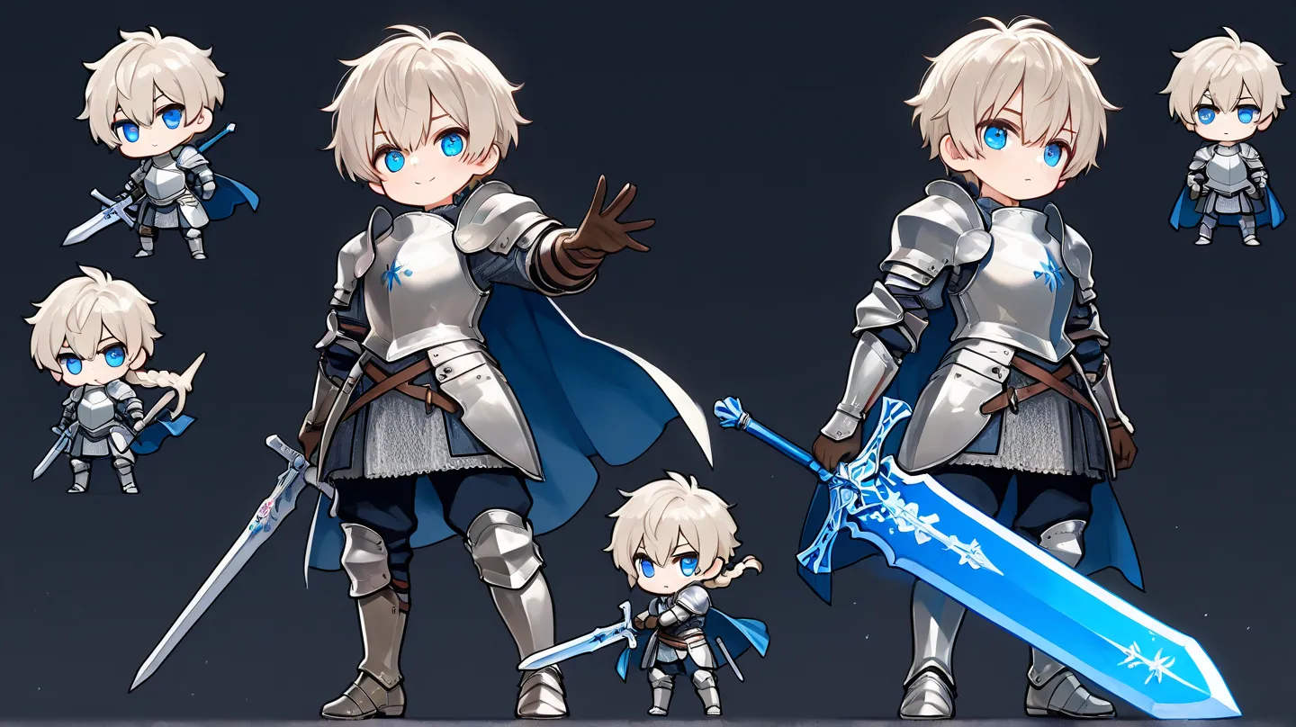 a 30 year old young male paladin with short blond hair and blue eyes wearing a silver medieval armor holding a large glowing blue greatsword, chibi style , black background,  high detail, high quality, best quality, masterpiece, 8k